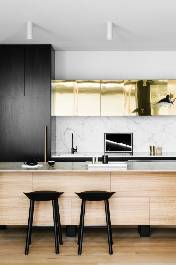 black white and gold kitchen