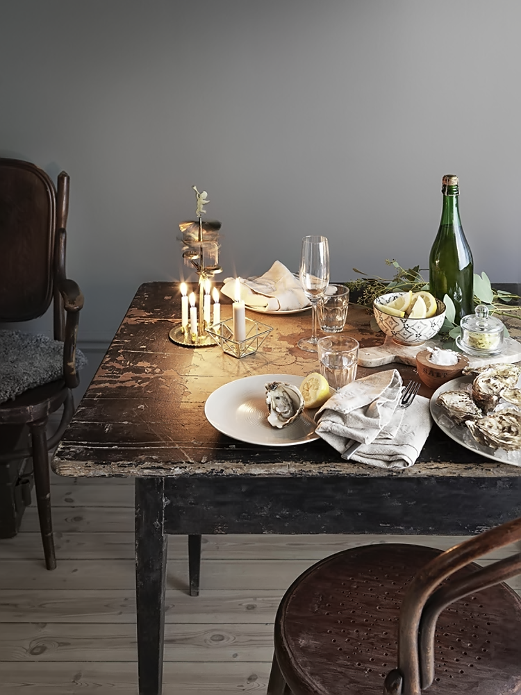 oysters and candles on a vintage table