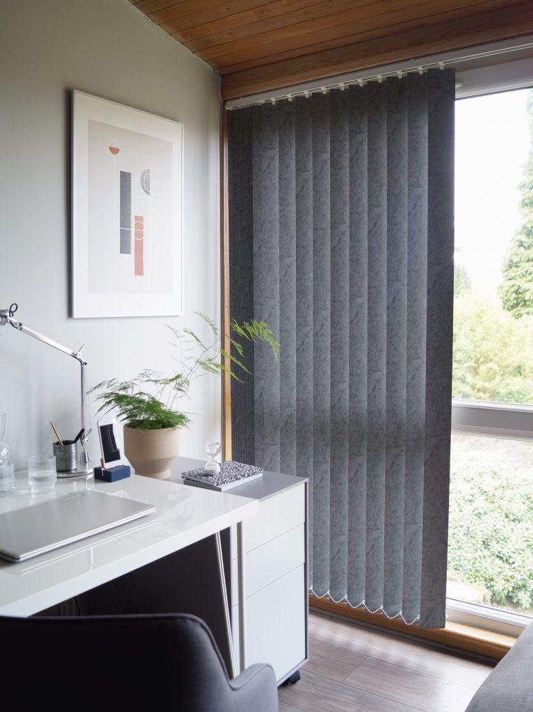 Vertical blind from The Fabric Box for the home office Toro blind in Pewter