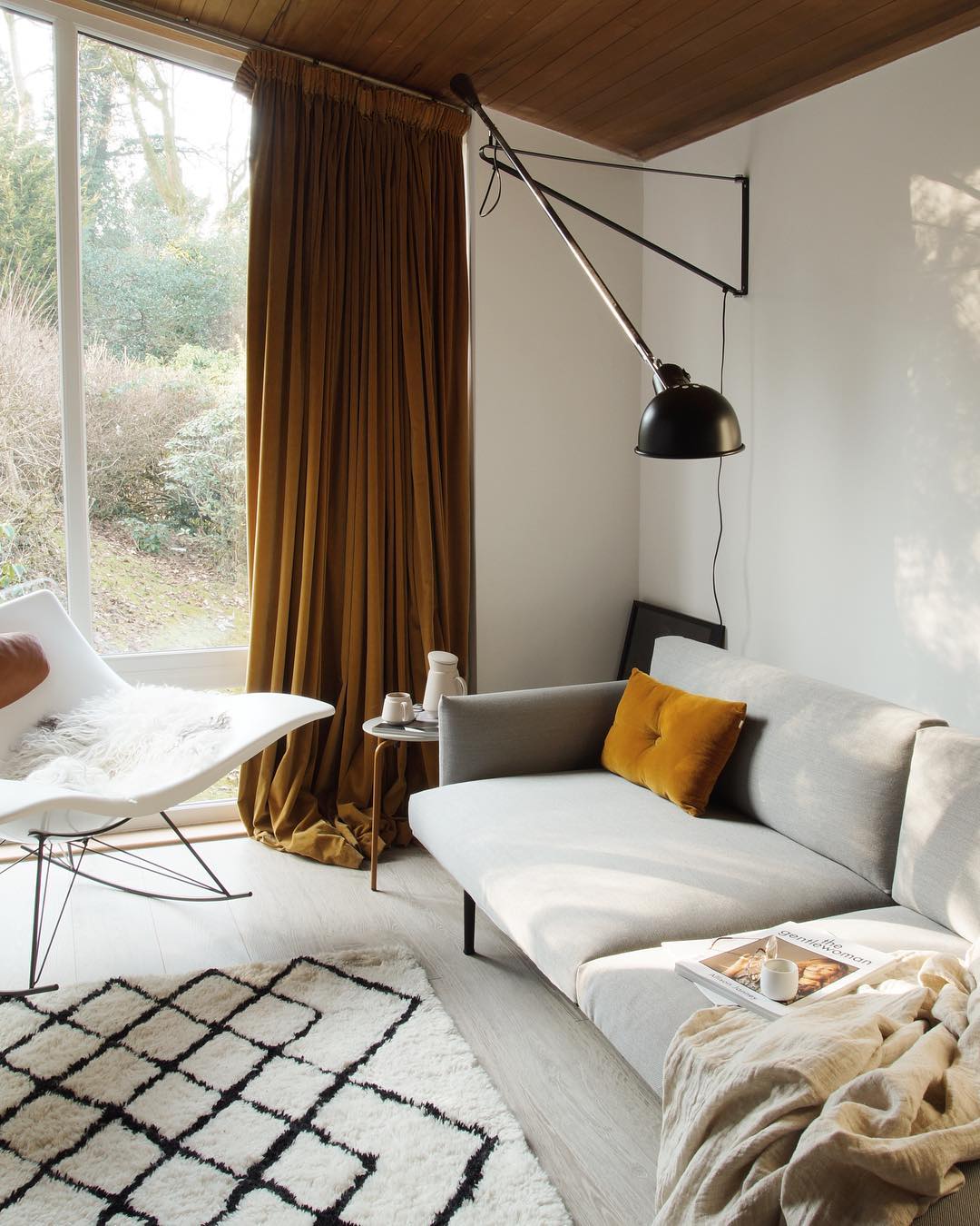 spring living room décor inspiration- adding a touch of colour to your home with textures and yellow mustard curtains