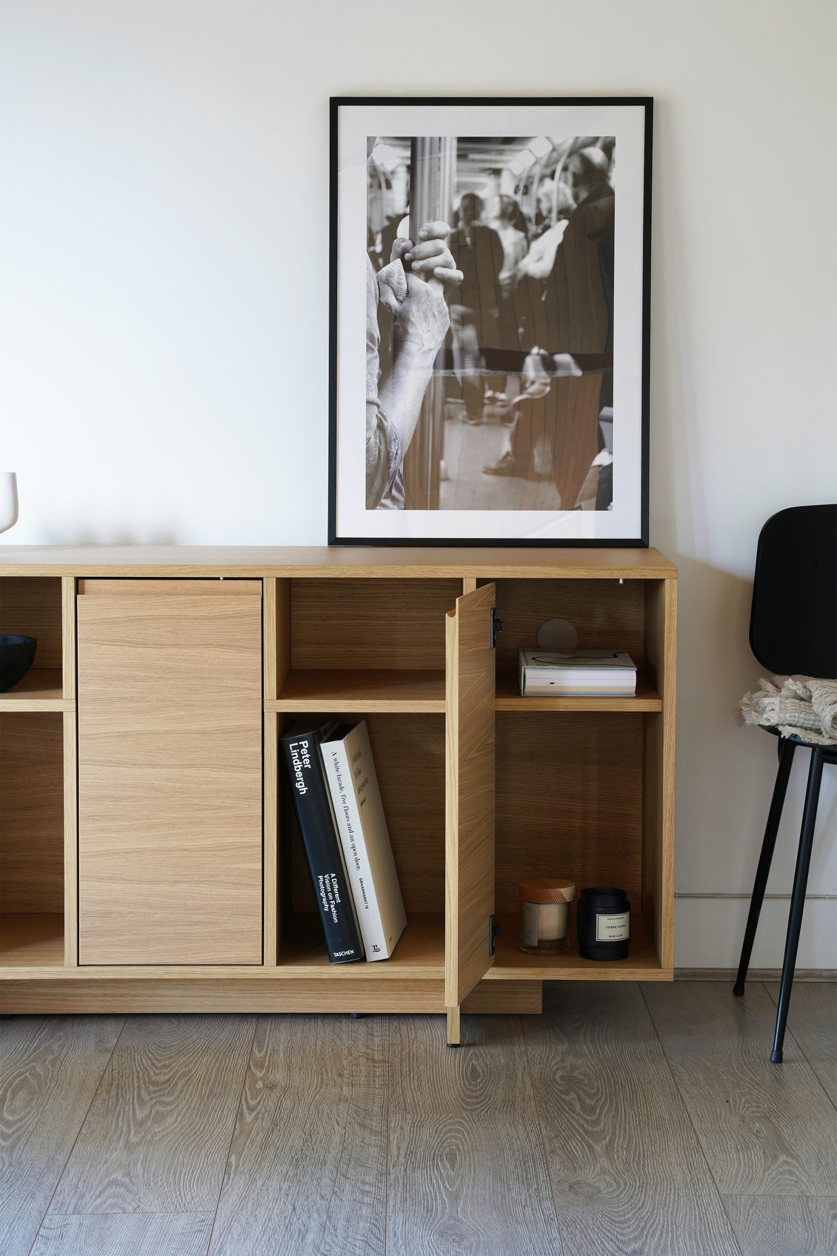 Sideboard with both hidden and visible storage options. 